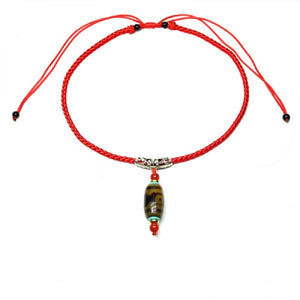 Brown 3 Eyes Dzi Beads Agate Pendant Necklace Red Braided Rope Adjustable