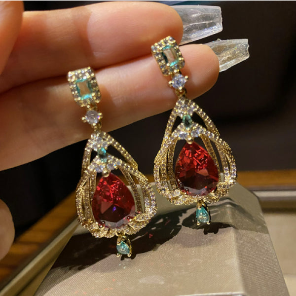 Vintage Curved Feather Ruby Earrings Bridal Water Drop Earrings