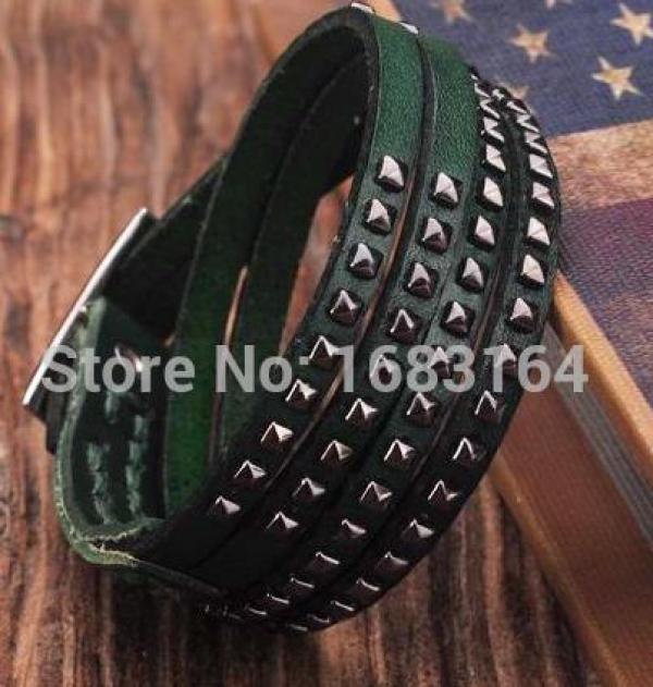 Green Double Wrap Leather Wristbands Bracelet Cuff Mens