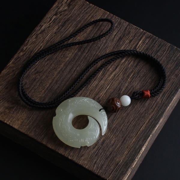 Chinese Jade Rune Pendant Necklace Charm Double-sided Hollow Carved Amulet