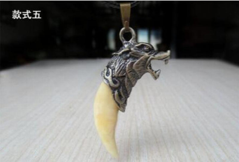 Tibetan Copper Alloy Inlay Real Fang Amulet Pendant Necklace