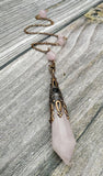Antique Bronze Cap Rose Quartz Healing Pendulum Chain