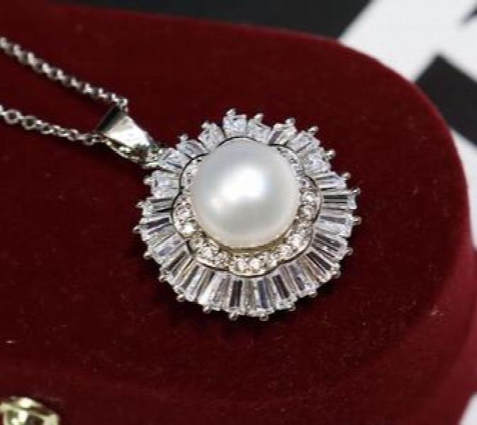925 Silver Pink Pearl Freshwater Pendant Zircon Crystal Gem Jewelry