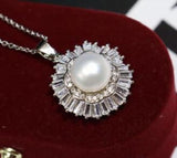 925 Silver Pink Pearl Freshwater Pendant Zircon Crystal Gem Jewelry