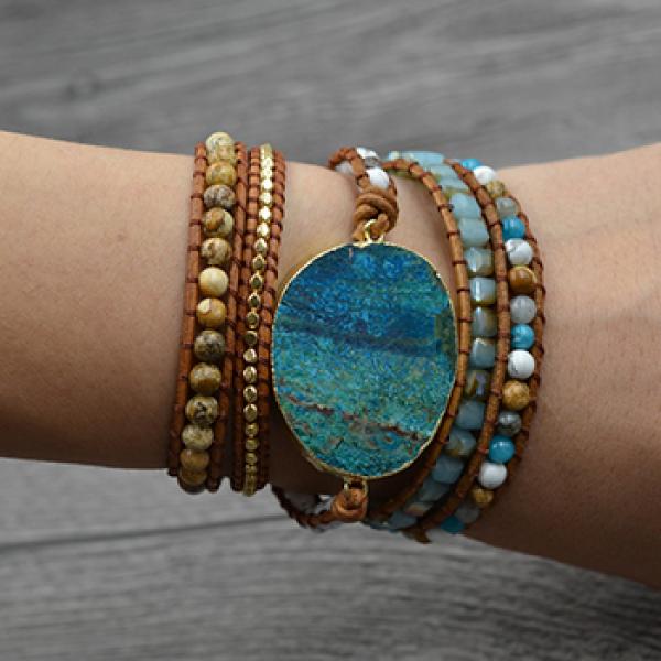 Boho Stone Leather Wrap Bracelet Hand Woven Cuff