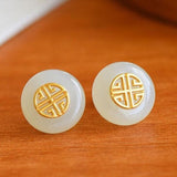 Silver Inlaid Hetian Jade Earrings, Retro Chinese Craft Charm Women's Jewelry