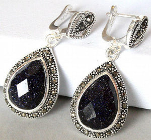 925 Silver Sand jade Marcasite Drop Earrings