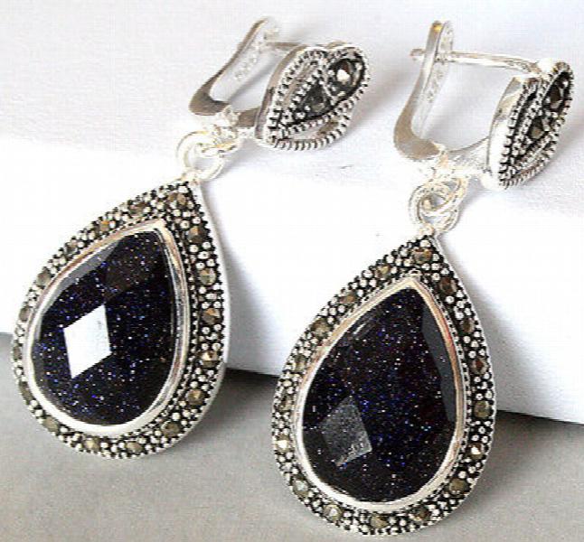 925 Silver Sand jade Marcasite Drop Earrings