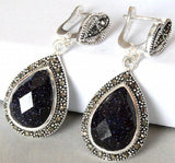 925 Silver Sand jade Marcasite Drop Earrings