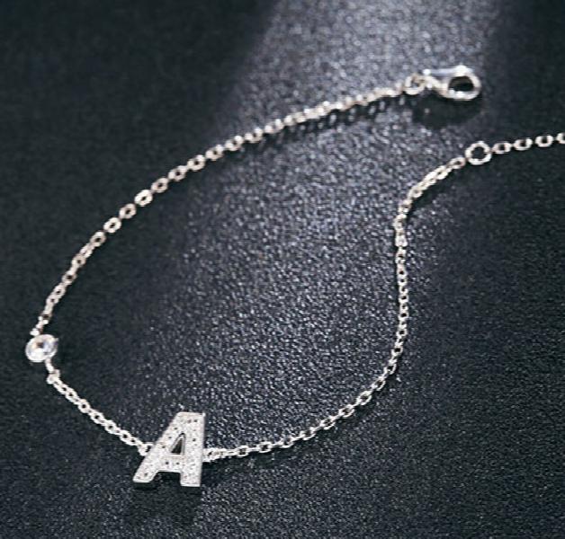 925 Silver Alphabet Bracelet with Zircon +3cm Chain S925 Silver Letter A-Z