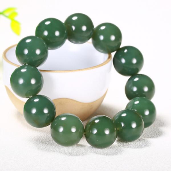 Hetian Jade Dark Green Round Bead Bracelet Men's Women's Jewelry