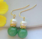 12mm Green Jade & 5-6mm Freshwater Pearl Earrings
