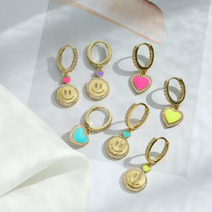 6Pcs CZ Smile Face Heart Asymmetric Earrings, Fashion Jewelry
