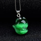 Cat Eye Stone Fox Pendant Necklace Chinese Hand-Carved Healing Luck Gift