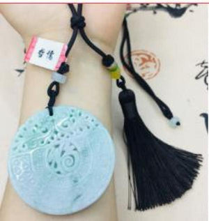 Burmese Emerald Jade Peony Flower Pendant Necklace Two-tone with Tassel