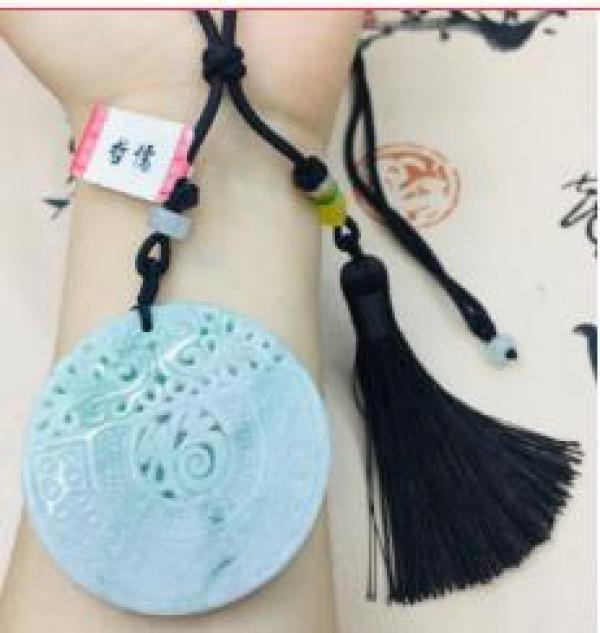 Burmese Emerald Jade Peony Flower Pendant Necklace Two-tone with Tassel