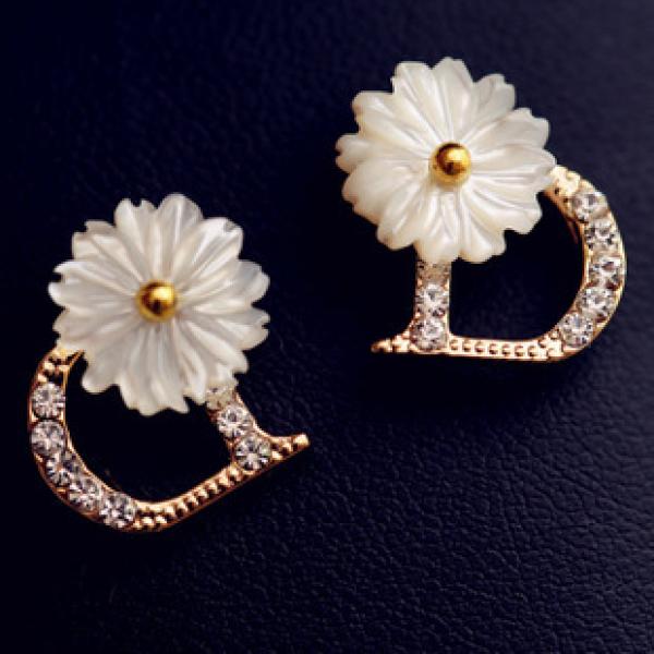 Delicate Flower Rhinestone D Letters Earrings