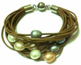 Coffee Leather & Freshwater Pearl Women Wrap Bracelet