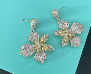 14K Real Leaf Flower Emerald Crystal Earrings