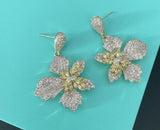14K Real Leaf Flower Emerald Crystal Earrings