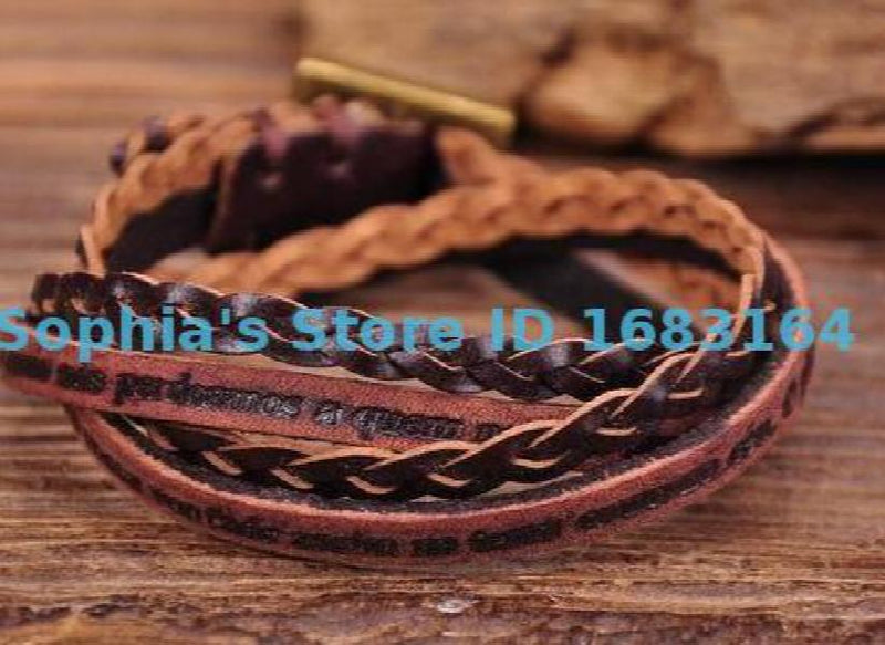 Brown Leather Bracelet with Inspiring Phrases for Men