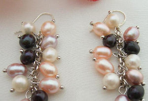 Purple Pink Real Pearls Dangle Earrings S925 Sterling Silver Hook