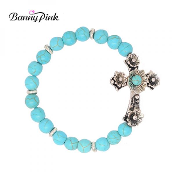 Religious Vintage Stone Bracelet Ethnic Cross Charm Beads Pulseras