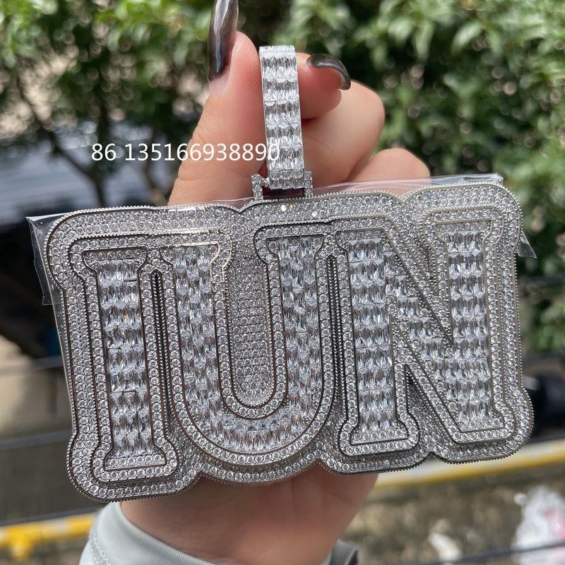 Baguette Zircon Letter Name Pendant HipHop Necklace Chain Rapper Jewelry