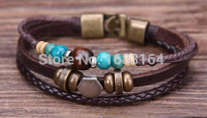 G77 Ethnic Wood Beads Hemp Leather Bracelet Cuff