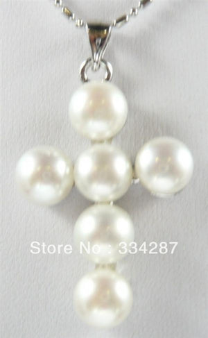 White/Black Pearl Bead Cross Pendant Chain Necklace