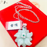 Burmese Ajadeite Sun Flower Pendant Necklace 925 Sterling Silver Lady Jade Chain