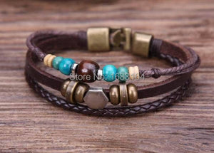 G77 Ethnic Wood Beads Hemp Leather Bracelet Cuff
