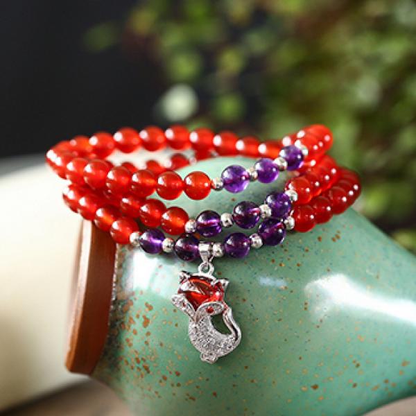 Red Crystal Bracelets with Fox Cherry Charm Pendant for Women