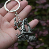 Wiccan Halloween Moon Spider Web Broom Keychain