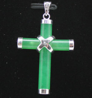 925 Sterling Silver Green Jade Cross Pendant Necklace