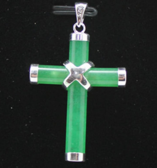 925 Sterling Silver Green Jade Cross Pendant Necklace
