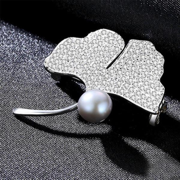 925 Silver Ginkgo Leaves Brooch Wedding Banquet Jewelry Lapel Pin Bijoux