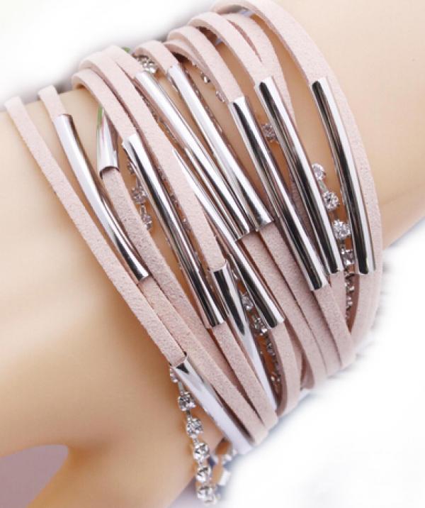 Beige Leather Bracelets Hand-Woven Bangle with Magnet Clasp