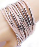 Beige Leather Bracelets Hand-Woven Bangle with Magnet Clasp