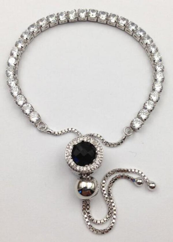 Sparkling Zircon Glass Spacer Silver Bracelet Adjustable