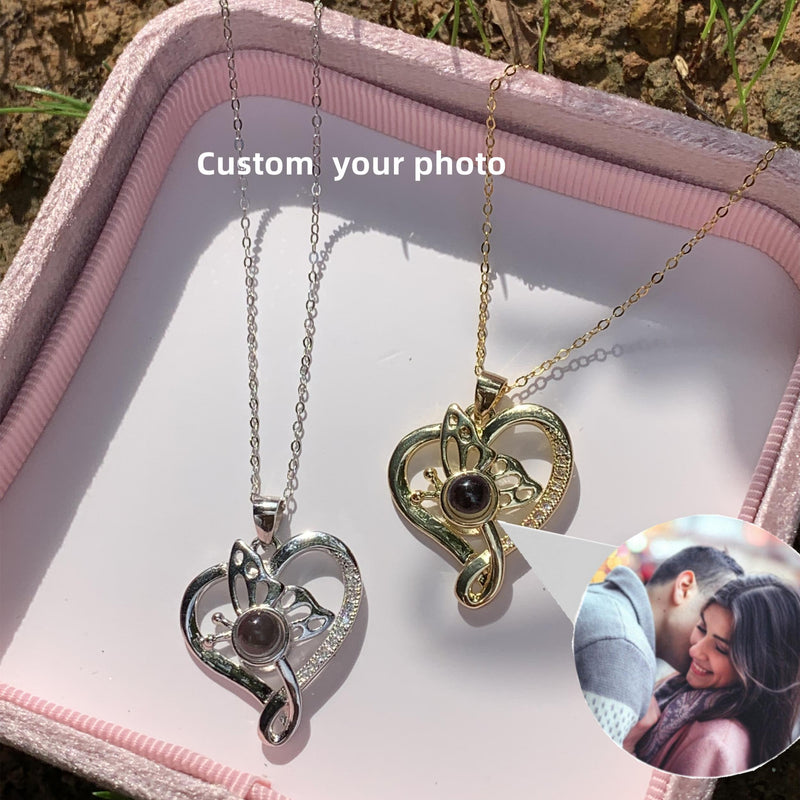 Colorful Butterfly Projection Necklace with Heart Shape Picture Pendant