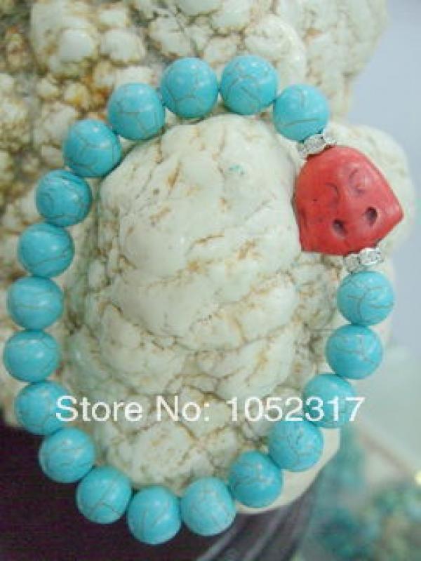 10mm Howlite Bead Red Buddha Head Bracelet with Rhinestones