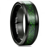 8mm Carbon Fiber Green Zircon Dragon Pattern Tungsten Carbide Ring