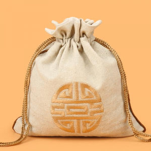 2pcs Embroidered Joyous Pouch Drawstring Cotton Linen Jewelry Gift Bag