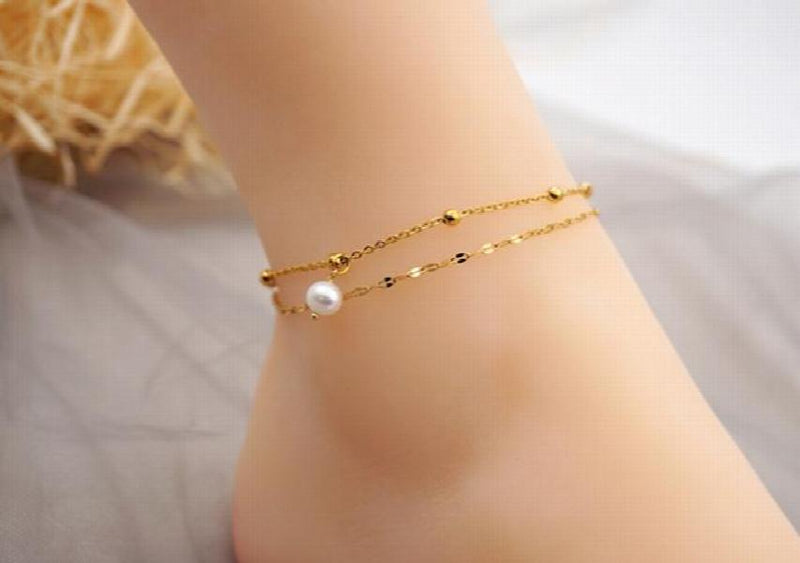 Double Rows Chain Freshwater Pearls Anklet Women Gift