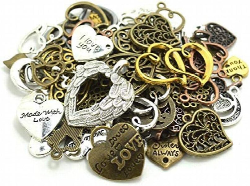 100g Mixed Vintage Alloy Heart Pendant Charms for DIY Jewelry - 60-70pcs