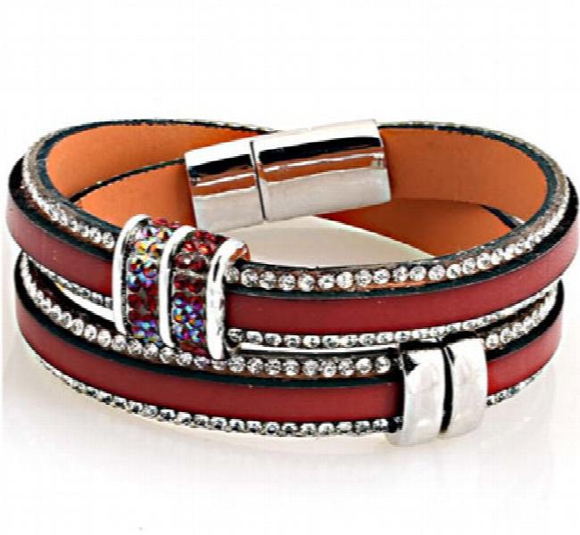 Rhinestone Bling Charm Wrap Bracelet Leather Magnetic Clasp