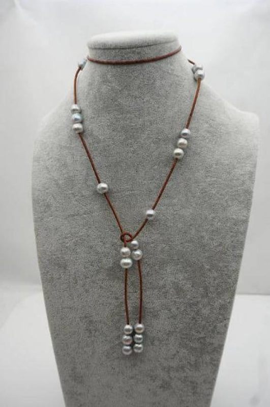 Gray Freshwater Pearl & Leather Lariat Long Necklace Women Gift
