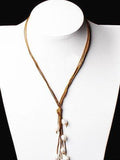 Brown Leather Rope Pink Pearl Necklace