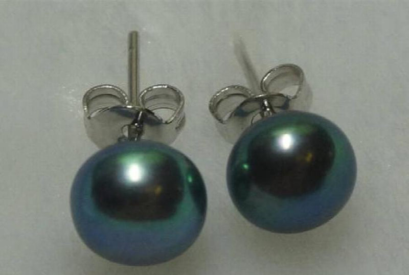 Peacock Green Pearl Silver Stud Earrings Wedding Jewelry